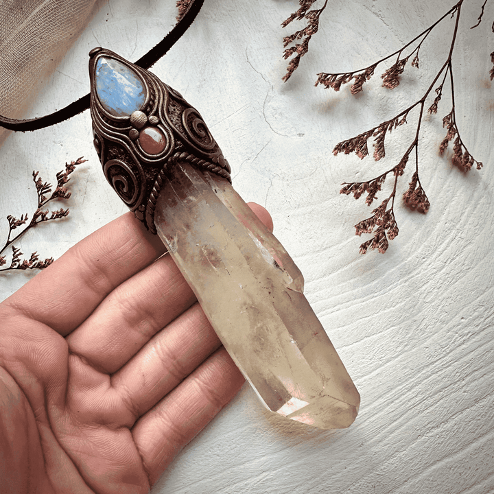Long Citrine Point Rainbow Moonstone and Ruby Wand / Pendant - FairyGardenGlow