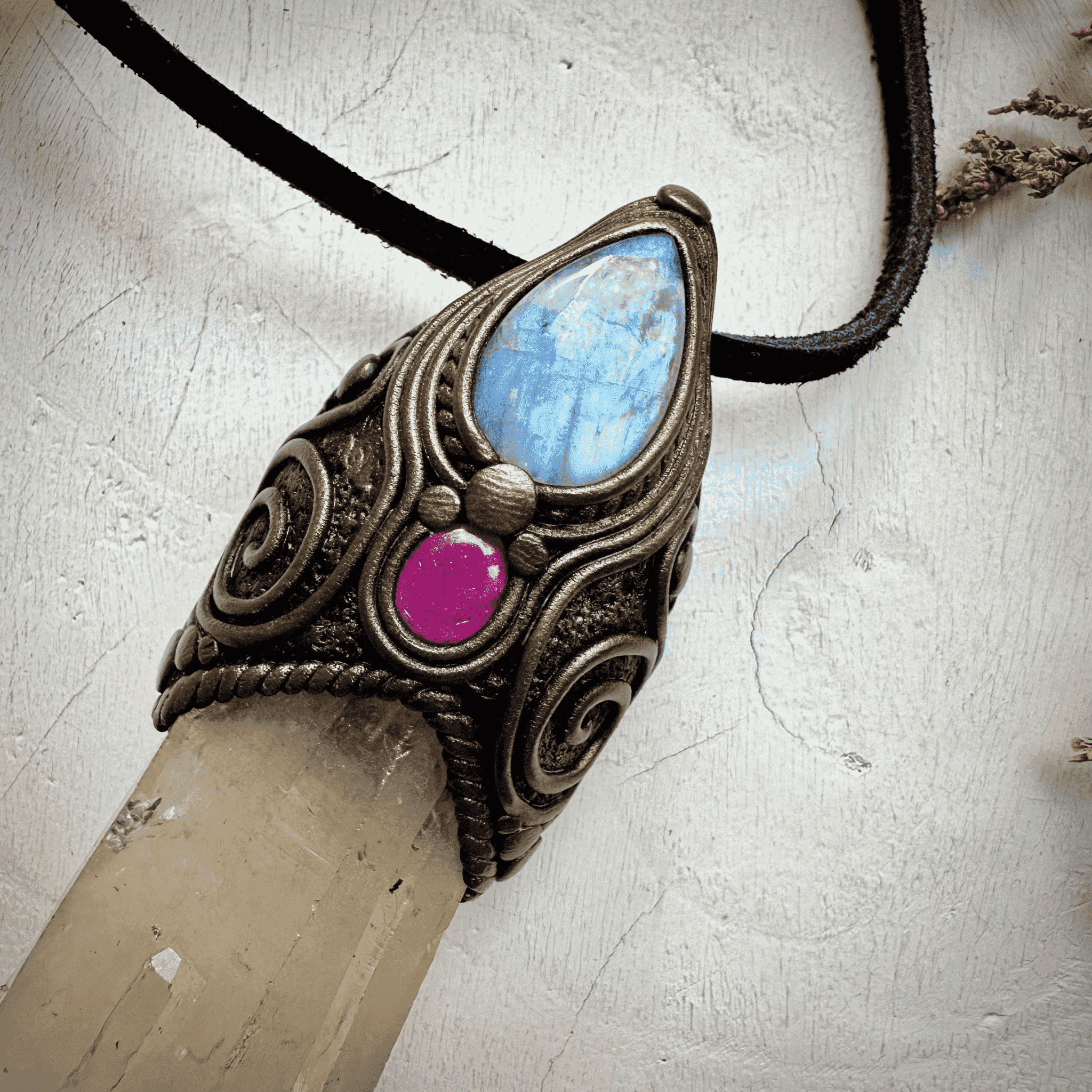 Long Citrine Point Rainbow Moonstone and Ruby Wand / Pendant - FairyGardenGlow