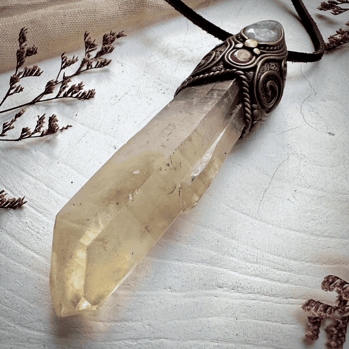Long Citrine Point Rainbow Moonstone and Ruby Wand / Pendant - FairyGardenGlow