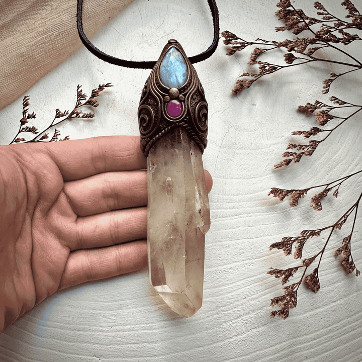 Long Citrine Point Rainbow Moonstone and Ruby Wand / Pendant - FairyGardenGlow