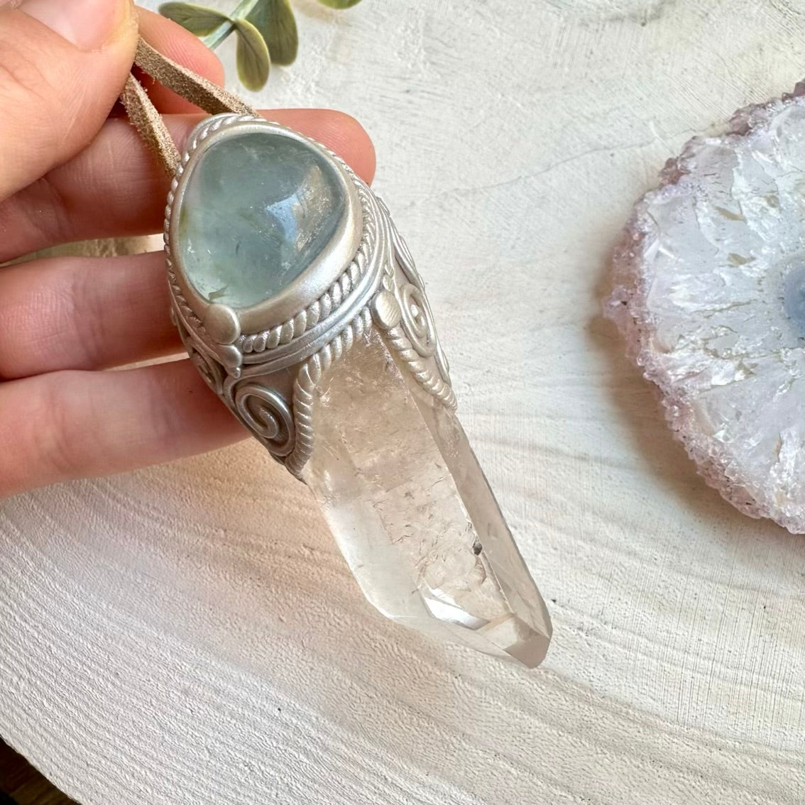 Long clear quartz and celestite pendant handmade crystal necklace