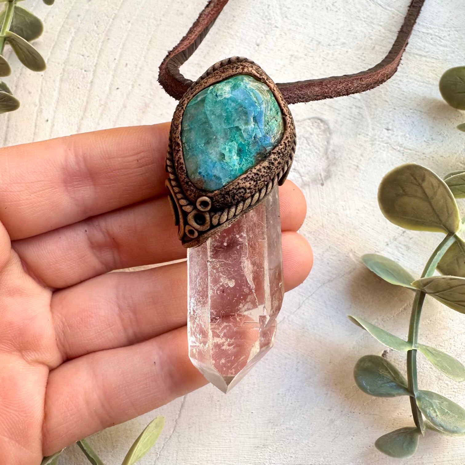 Long clear quartz point and chrysocolla pendant necklace