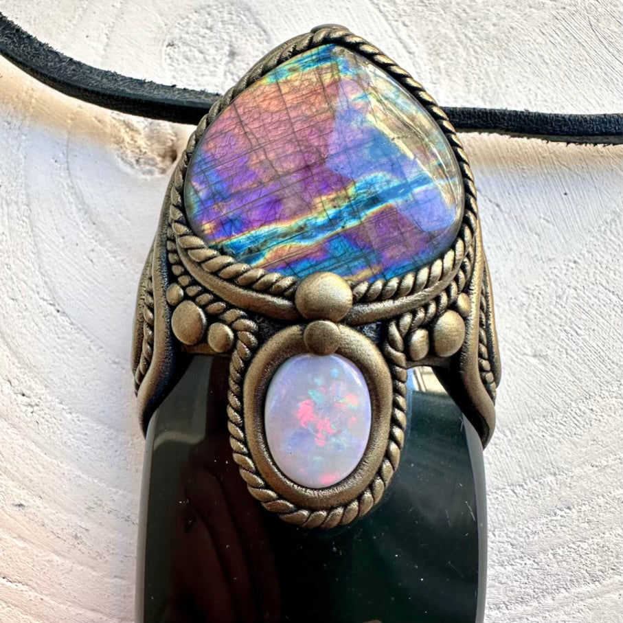 Artisan crystal pendant with Rainbow Obsidian, Labradorite and Opal