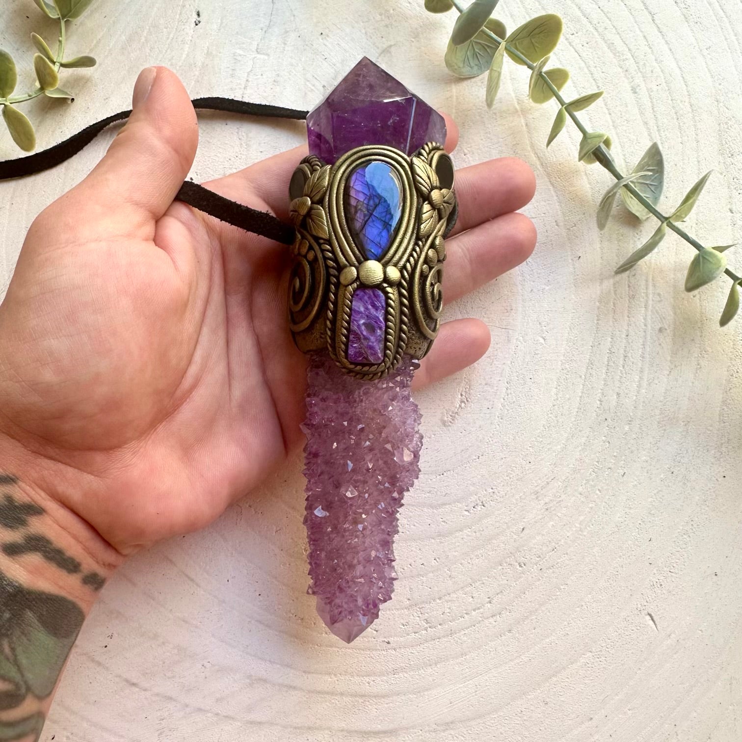 Handmade healing crystal wand pendant featuring a long Deep Purple Spirit Quartz with Amethyst, Labradorite, Charoite and Black Onyx.