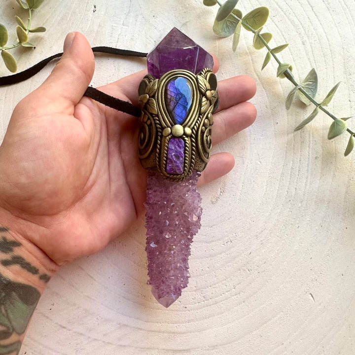 Handmade healing crystal wand pendant featuring a long Deep Purple Spirit Quartz with Amethyst, Labradorite, Charoite and Black Onyx.