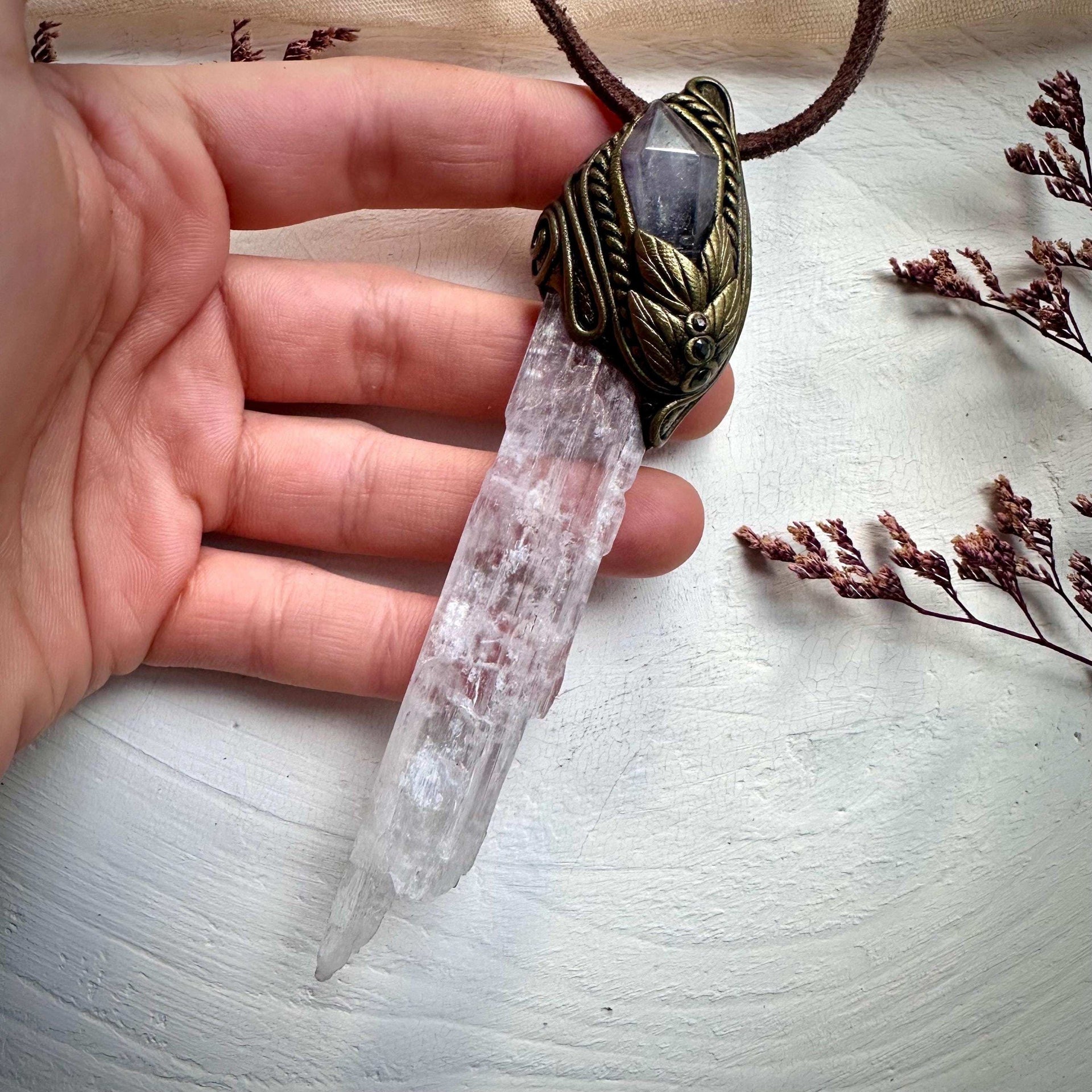 Long Kunzite Vera Cruz Amethyst and Blue Sapphire Pendant Necklace - FairyGardenGlow