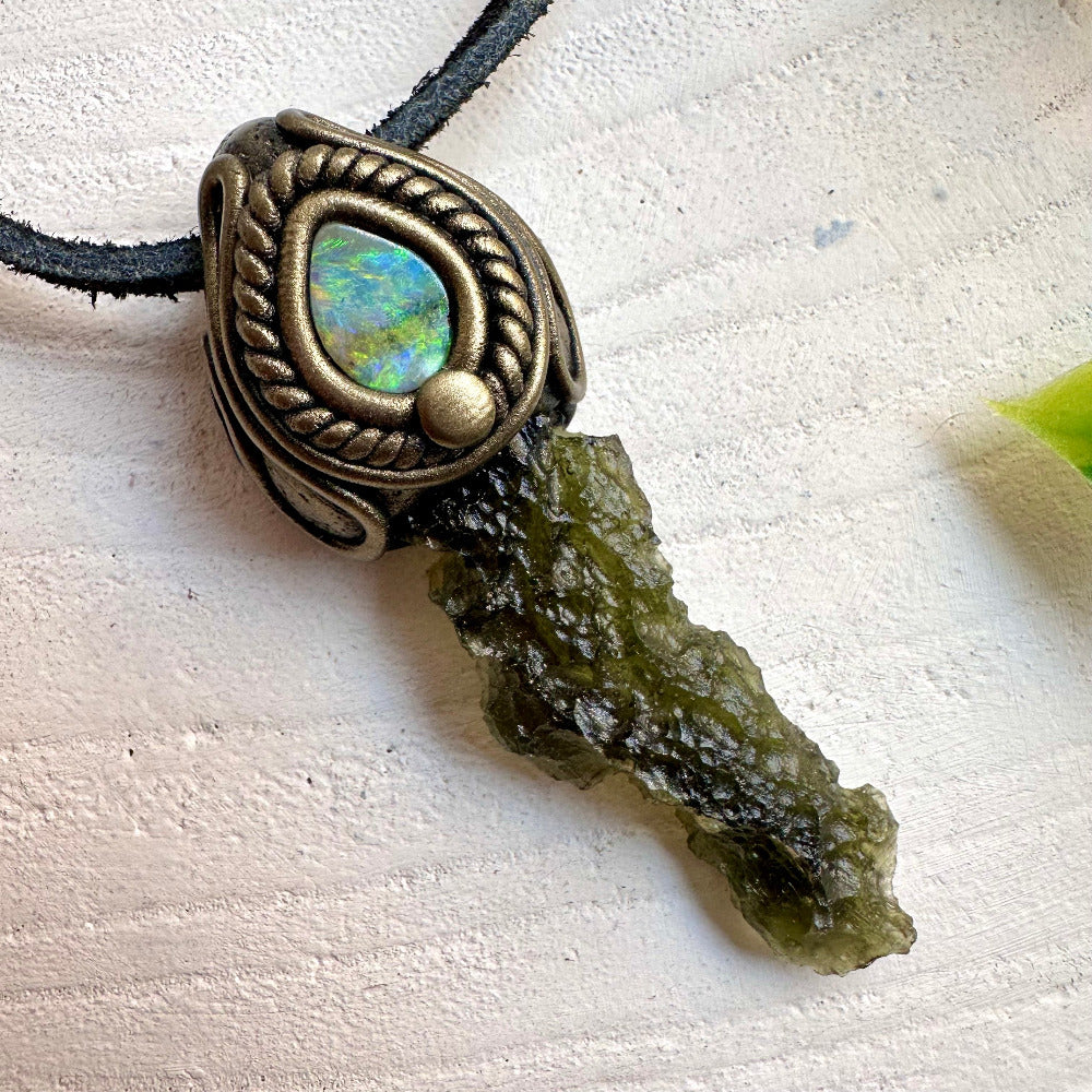 Moldavite and Boulder Opal pendant necklace – handmade crystal jewelry