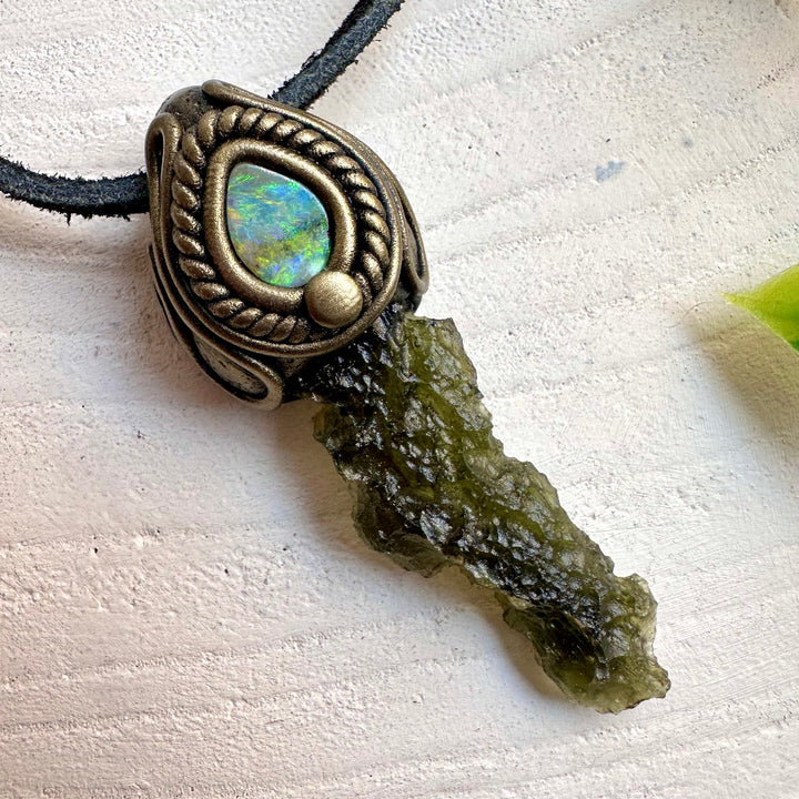 Moldavite and Boulder Opal pendant necklace – handmade crystal jewelry