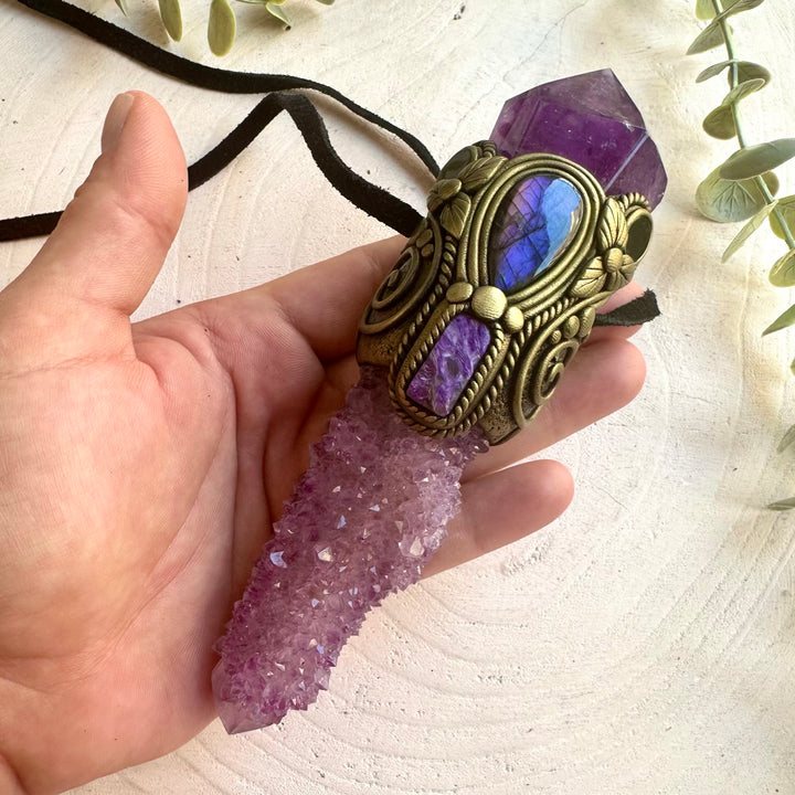 Healing crystal wand - necklace handcrafted with genuine natural gemstones for manifestation and rituals.