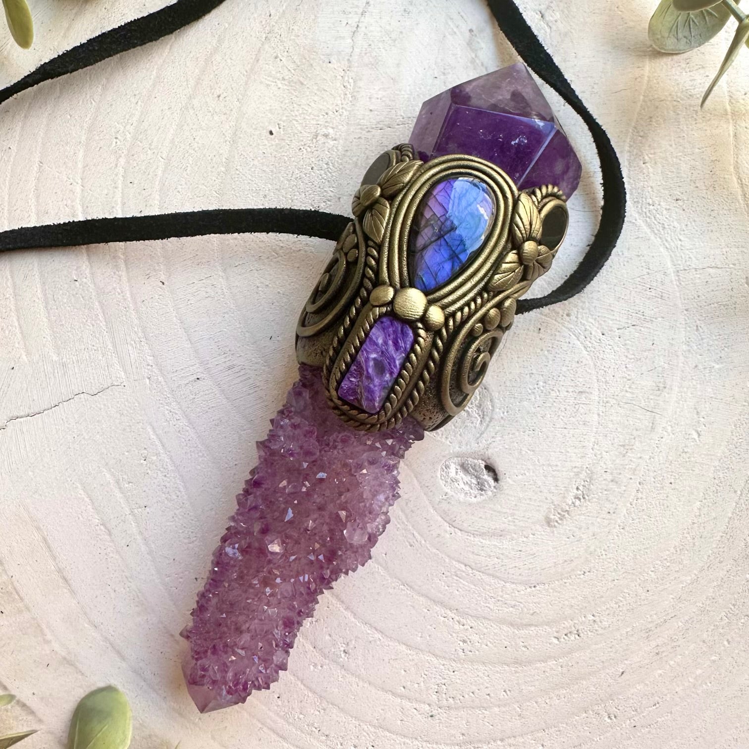 Handmade crystal wand pendant with polished Amethyst, Charoite and natural Spirit Quartz.