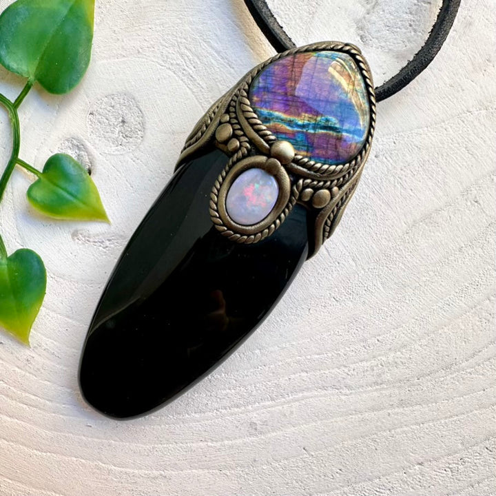 Statement pendant featuring Rainbow Obsidian and Labradorite gemstones