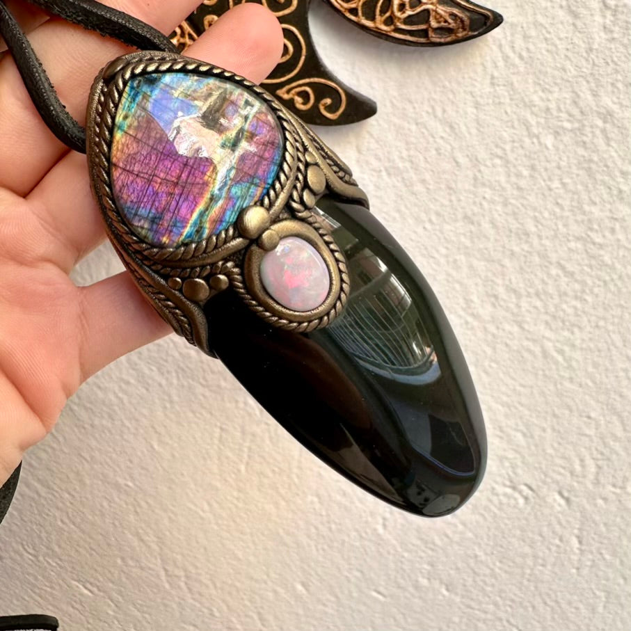 Long Rainbow Obsidian pendant necklace with Labradorite and Australian Opal