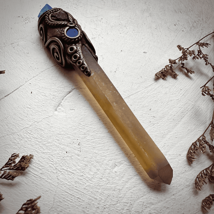 Long Smoky Citrine Point with Aqua Aura Quartz Moldavite and Black Australian Opal Doublet Wand - FairyGardenGlow