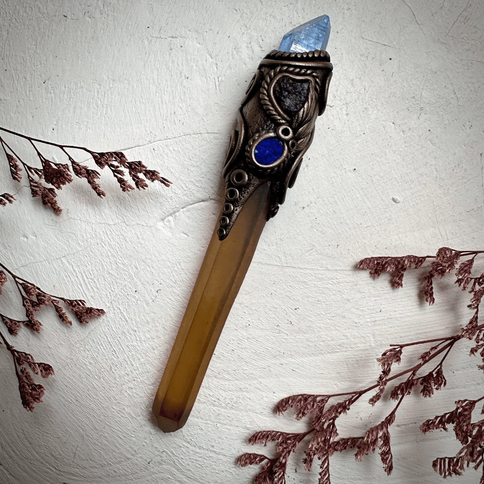Long Smoky Citrine Point with Aqua Aura Quartz Moldavite and Black Australian Opal Doublet Wand - FairyGardenGlow