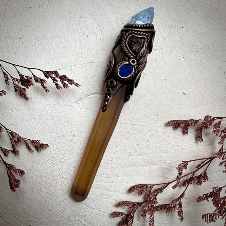 Long Smoky Citrine Point with Aqua Aura Quartz Moldavite and Black Australian Opal Doublet Wand - FairyGardenGlow