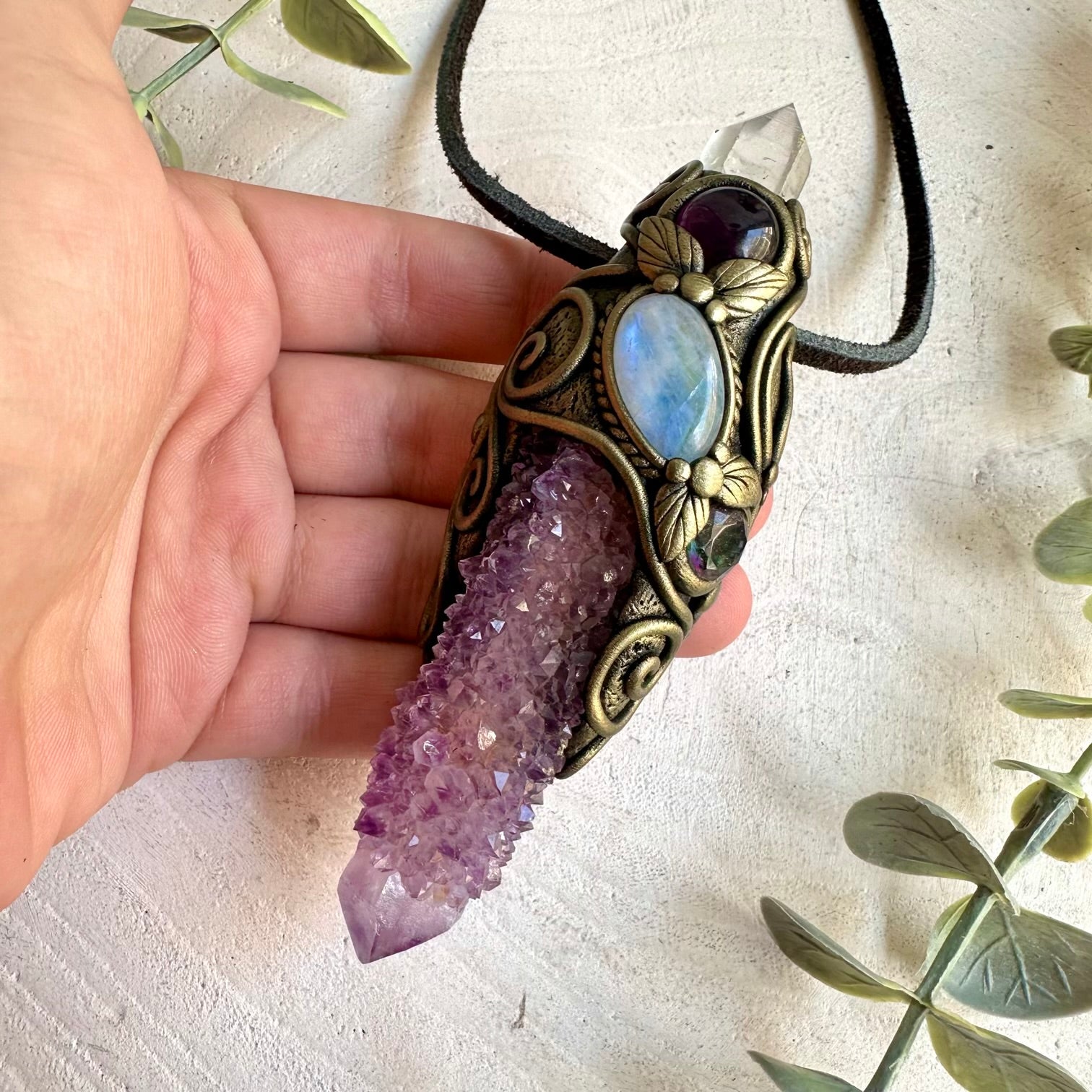 One of a kind healing crystal wand with a long Spirit Quartz crystal and Lemurian Seed Quartz.