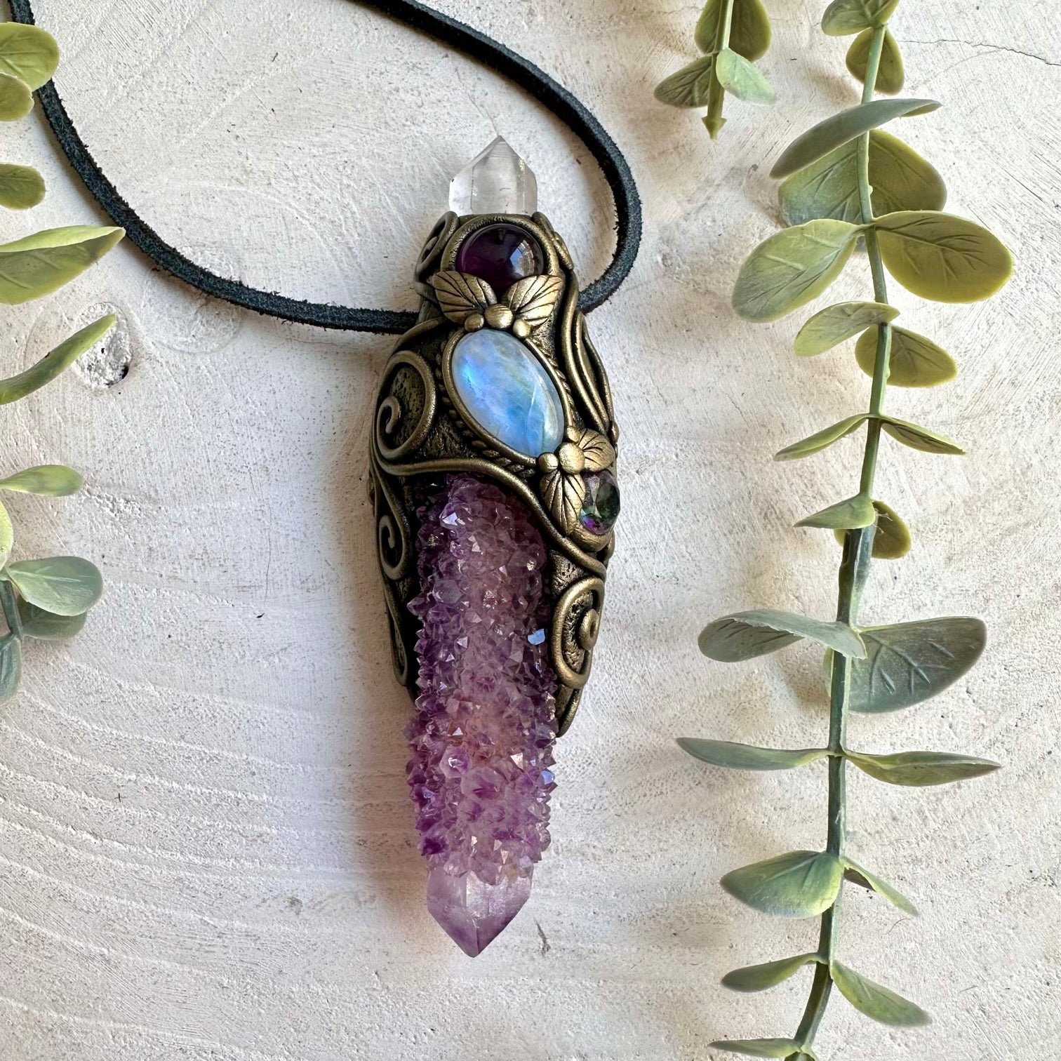 Handmade Long Spirit Quartz wand and pendant necklace featuring Lemurian Seed Quartz, Rainbow Moonstone, Amethyst and Mystic Topaz.