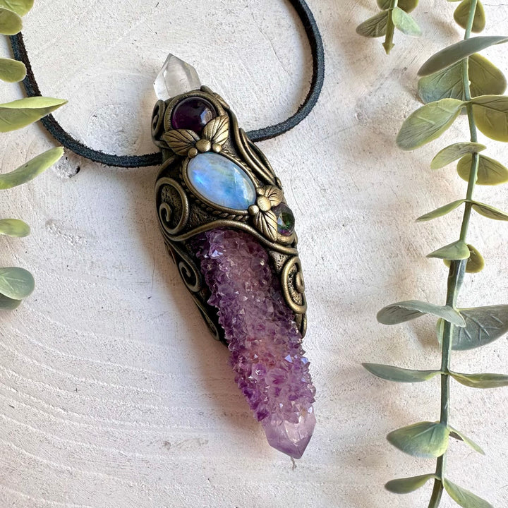 Natural gemstone wand handcrafted with Rainbow Moonstone, Amethyst and Mystic Topaz.
