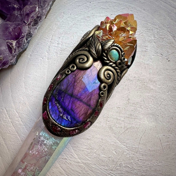 Long Angel Aura Quartz Sunset Aura Spirit Quartz Labradorite Raw Ruby and Australian Opal Wand - FairyGardenGlow