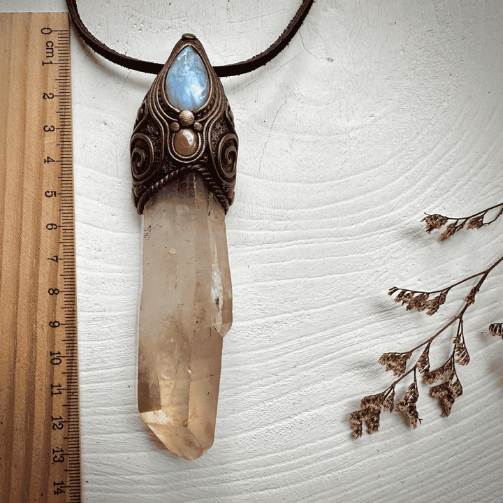Long Citrine Point Rainbow Moonstone and Ruby Wand / Pendant - FairyGardenGlow