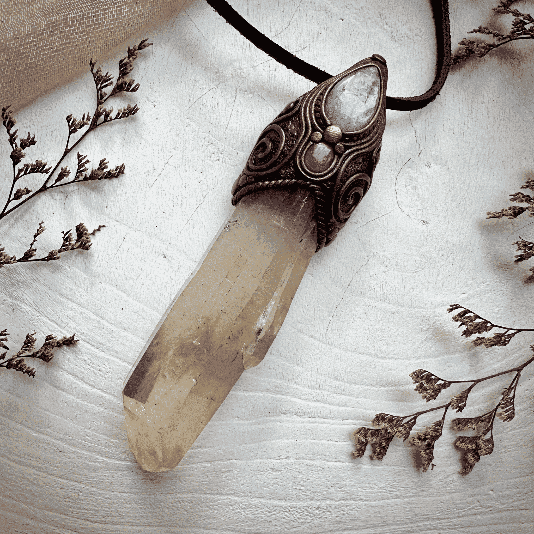Long Citrine Point Rainbow Moonstone and Ruby Wand / Pendant - FairyGardenGlow
