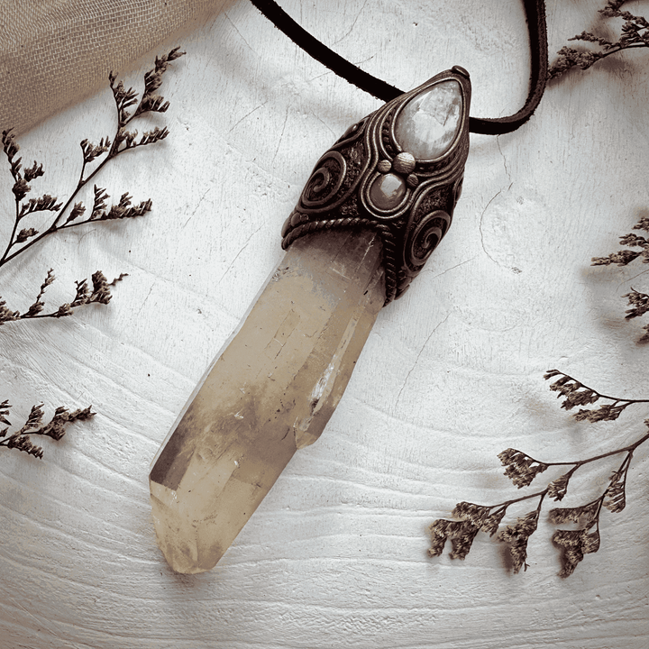 Long Citrine Point Rainbow Moonstone and Ruby Wand / Pendant - FairyGardenGlow