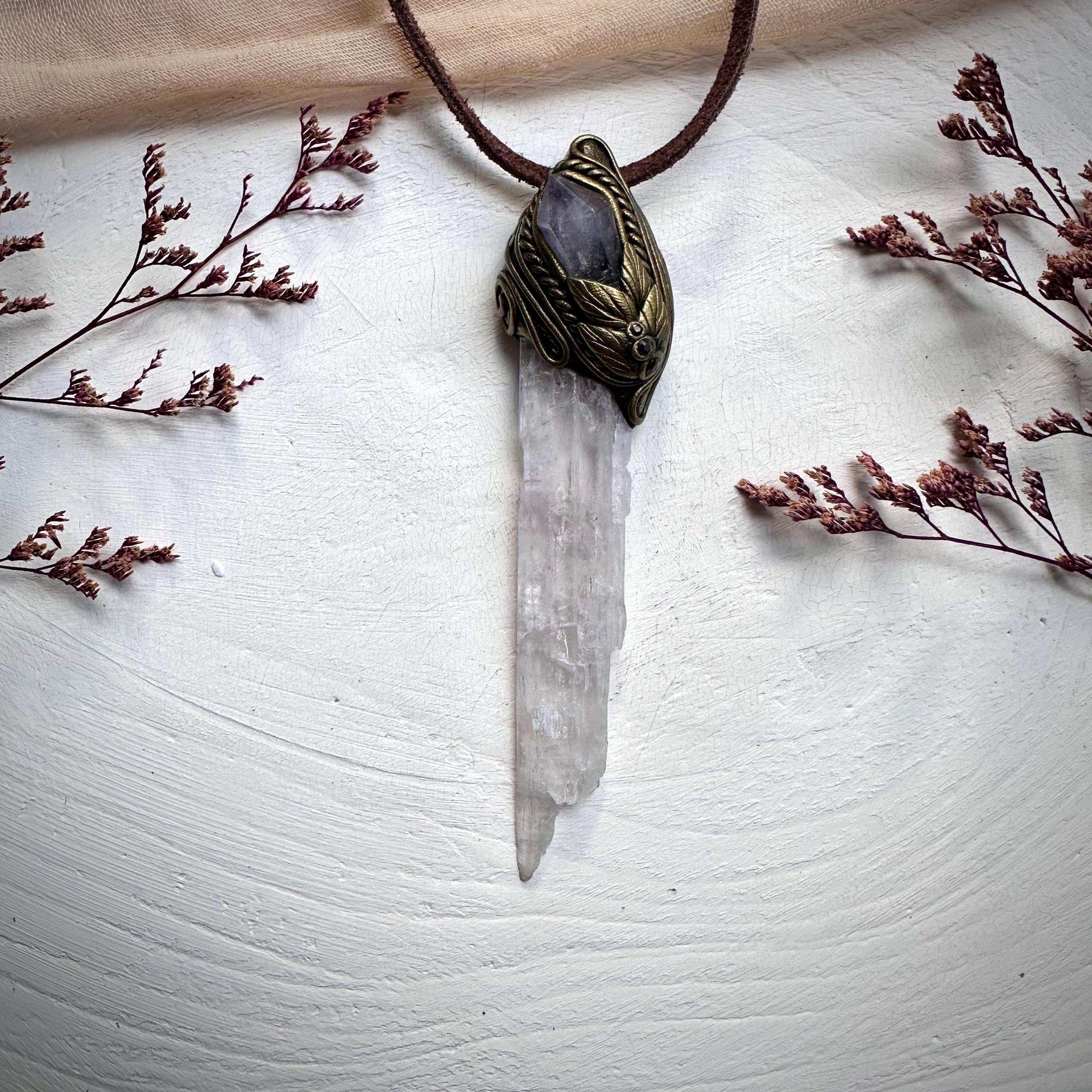 Long Kunzite Vera Cruz Amethyst and Blue Sapphire Pendant Necklace - FairyGardenGlow