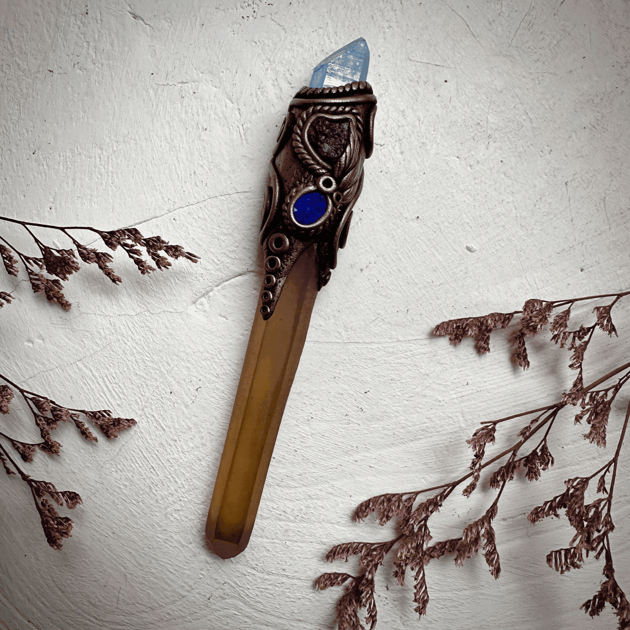 Long Smoky Citrine Point with Aqua Aura Quartz Moldavite and Black Australian Opal Doublet Wand - FairyGardenGlow