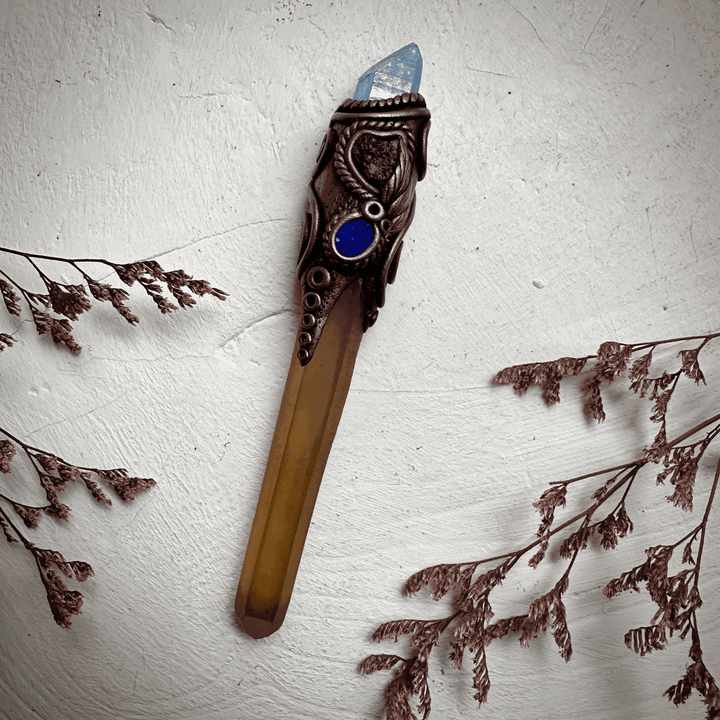 Long Smoky Citrine Point with Aqua Aura Quartz Moldavite and Black Australian Opal Doublet Wand - FairyGardenGlow