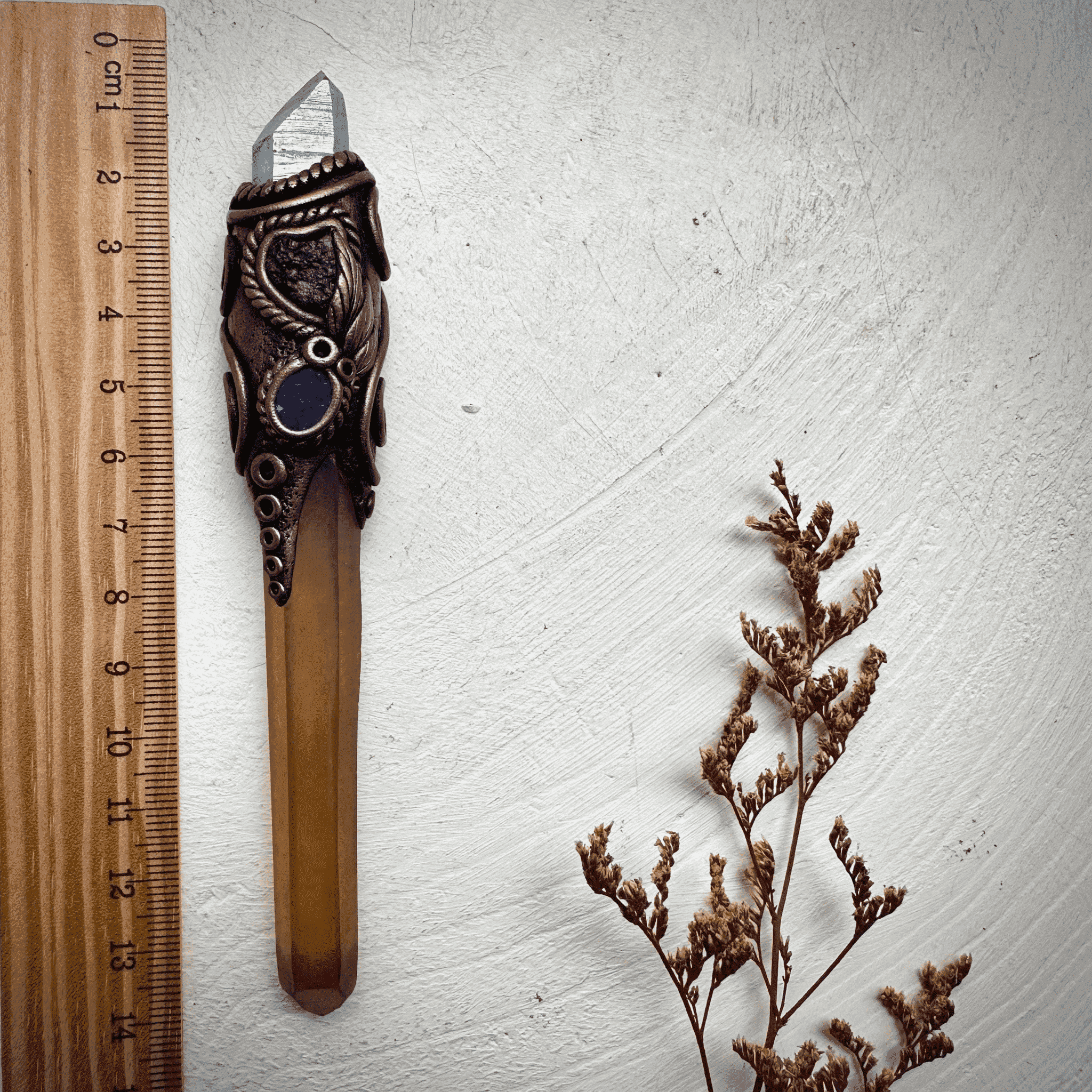 Long Smoky Citrine Point with Aqua Aura Quartz Moldavite and Black Australian Opal Doublet Wand - FairyGardenGlow