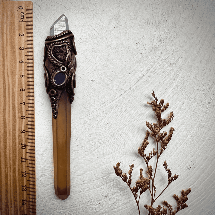 Long Smoky Citrine Point with Aqua Aura Quartz Moldavite and Black Australian Opal Doublet Wand - FairyGardenGlow