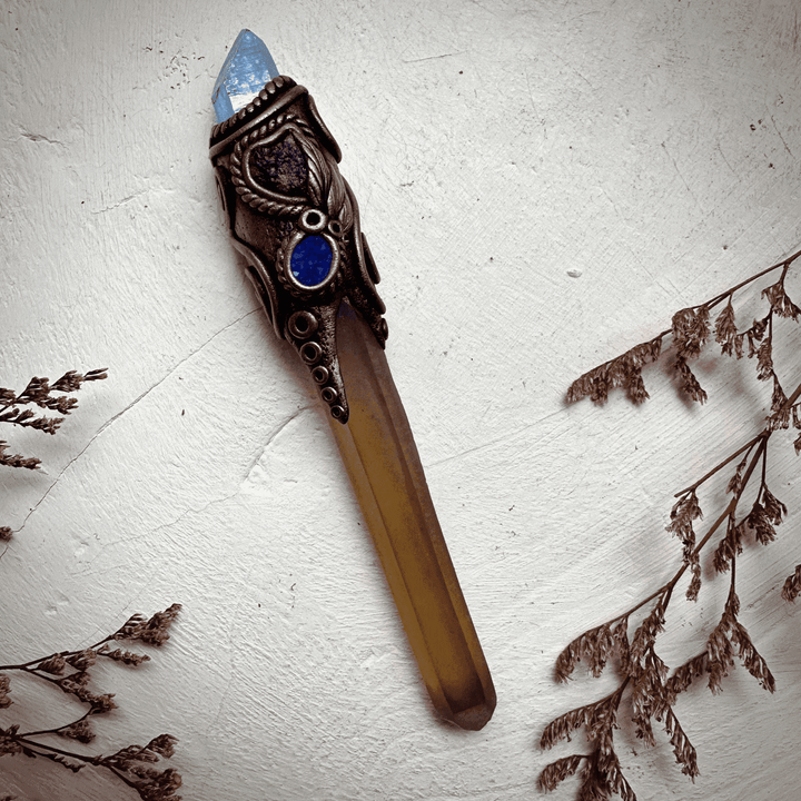 Long Smoky Citrine Point with Aqua Aura Quartz Moldavite and Black Australian Opal Doublet Wand - FairyGardenGlow
