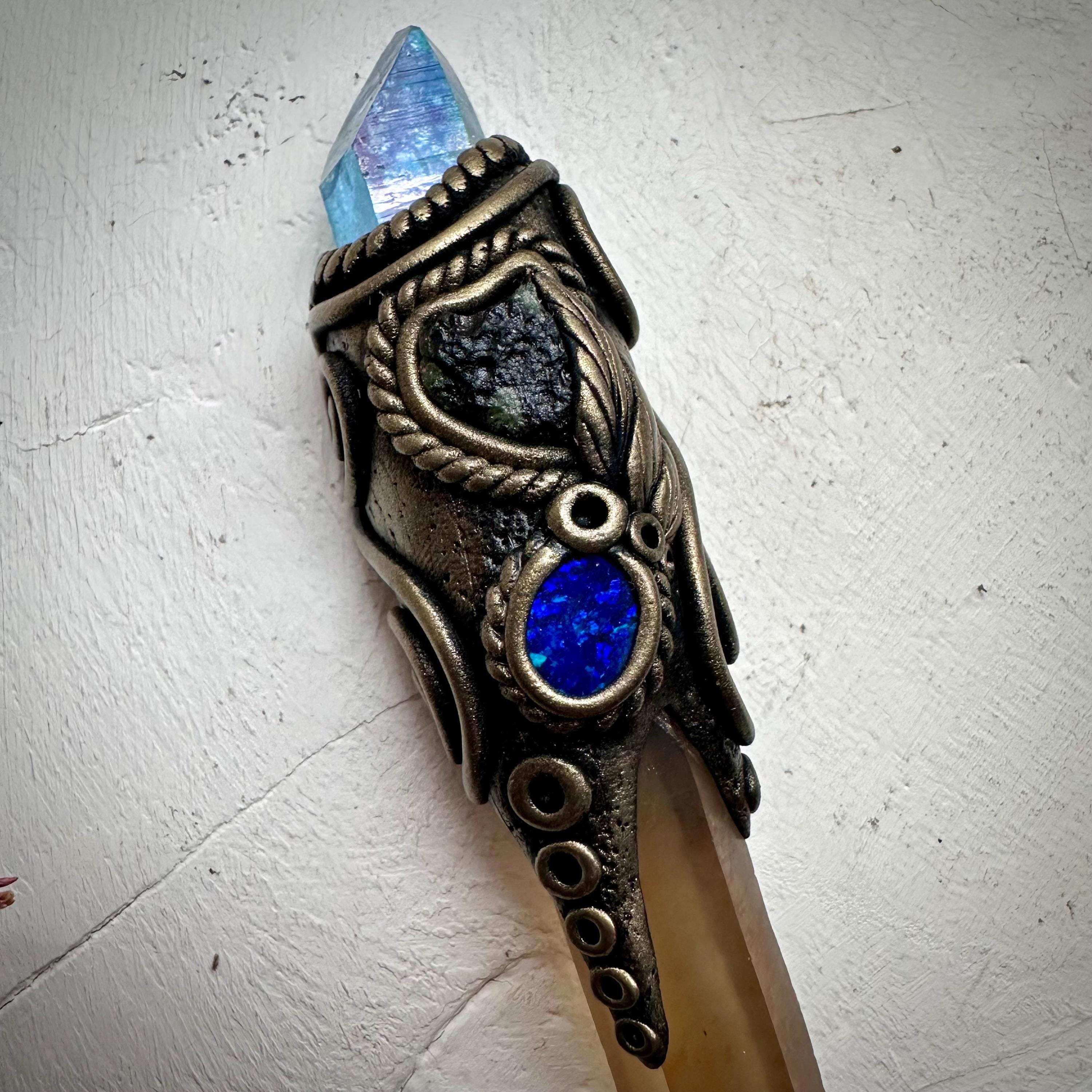 Long Smoky Citrine Point with Aqua Aura Quartz Moldavite and Black Australian Opal Doublet Wand - FairyGardenGlow