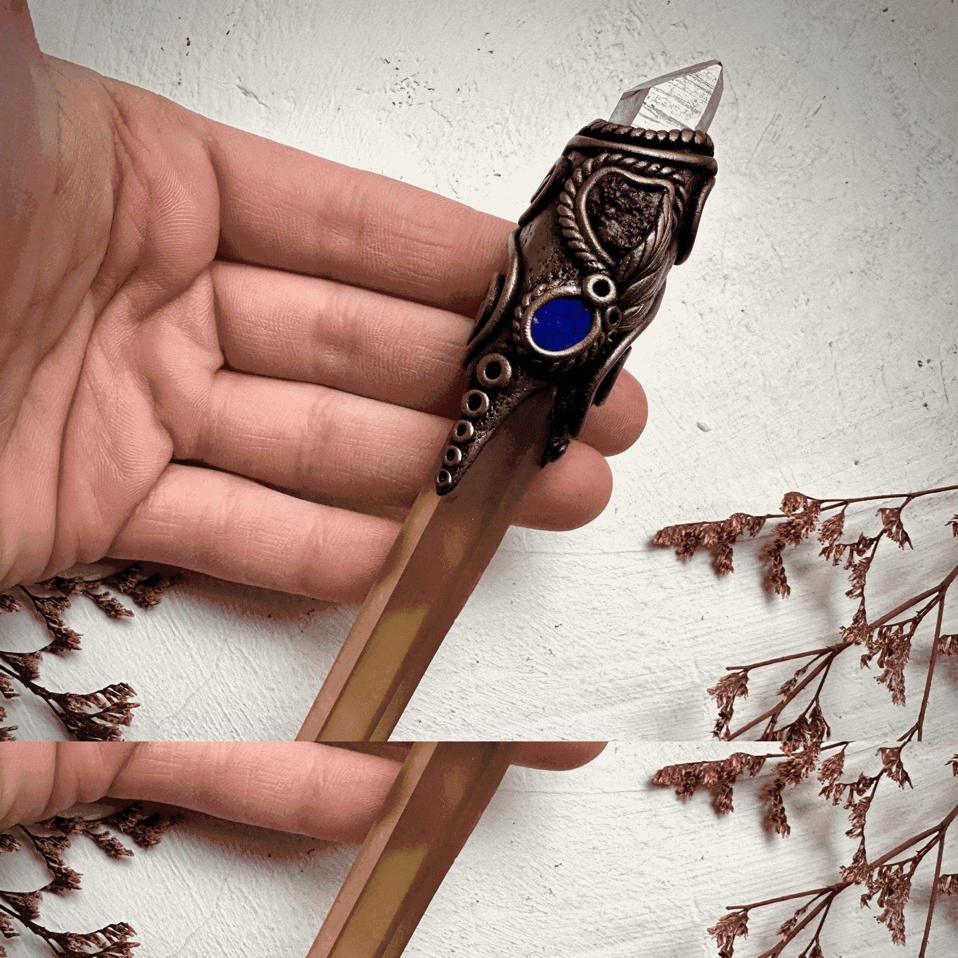 Long Smoky Citrine Point with Aqua Aura Quartz Moldavite and Black Australian Opal Doublet Wand - FairyGardenGlow