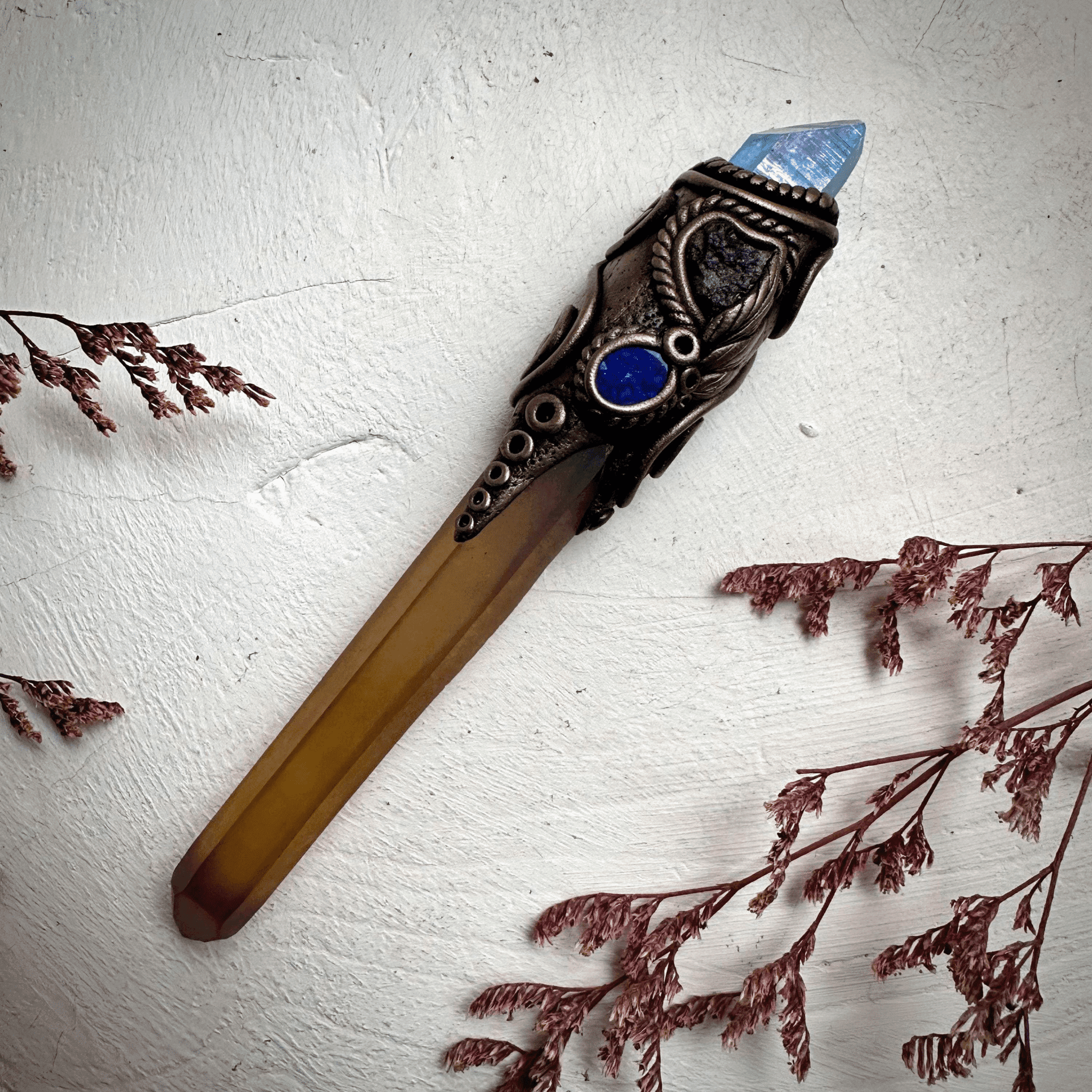 Long Smoky Citrine Point with Aqua Aura Quartz Moldavite and Black Australian Opal Doublet Wand - FairyGardenGlow