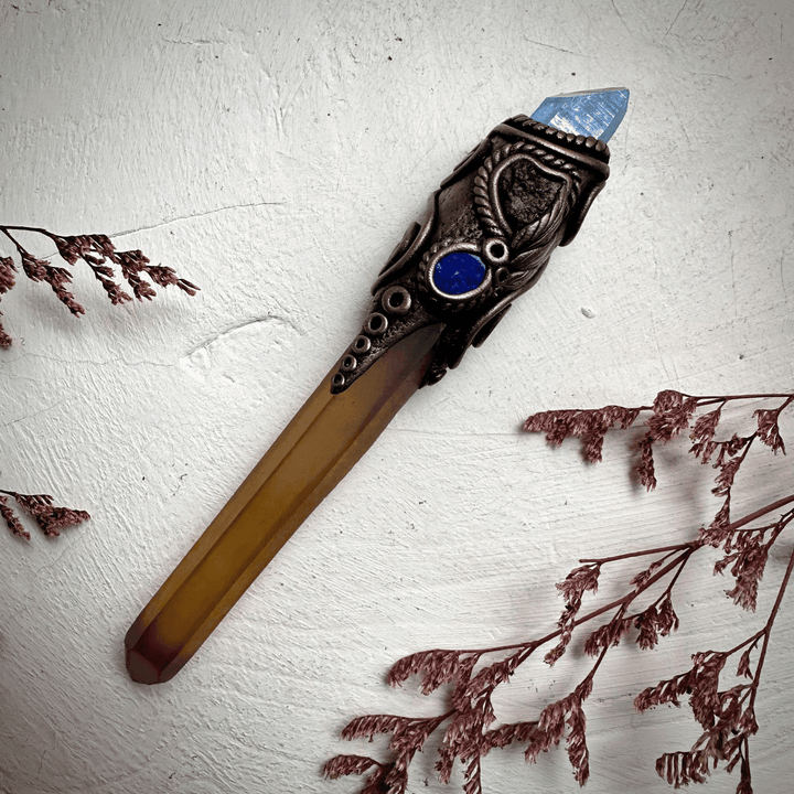 Long Smoky Citrine Point with Aqua Aura Quartz Moldavite and Black Australian Opal Doublet Wand - FairyGardenGlow