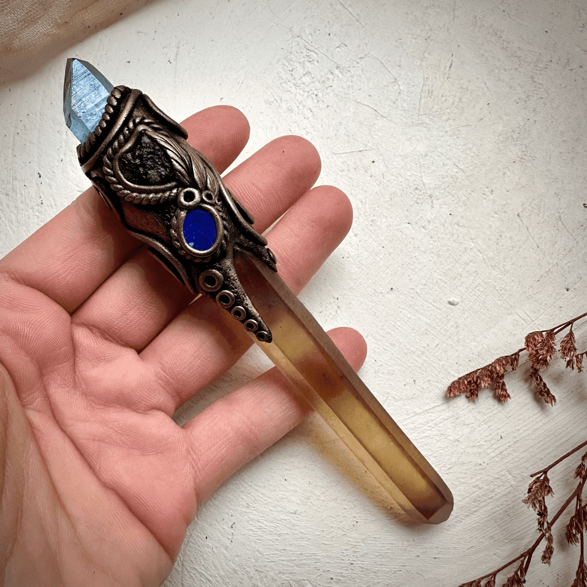 Long Smoky Citrine Point with Aqua Aura Quartz Moldavite and Black Australian Opal Doublet Wand - FairyGardenGlow