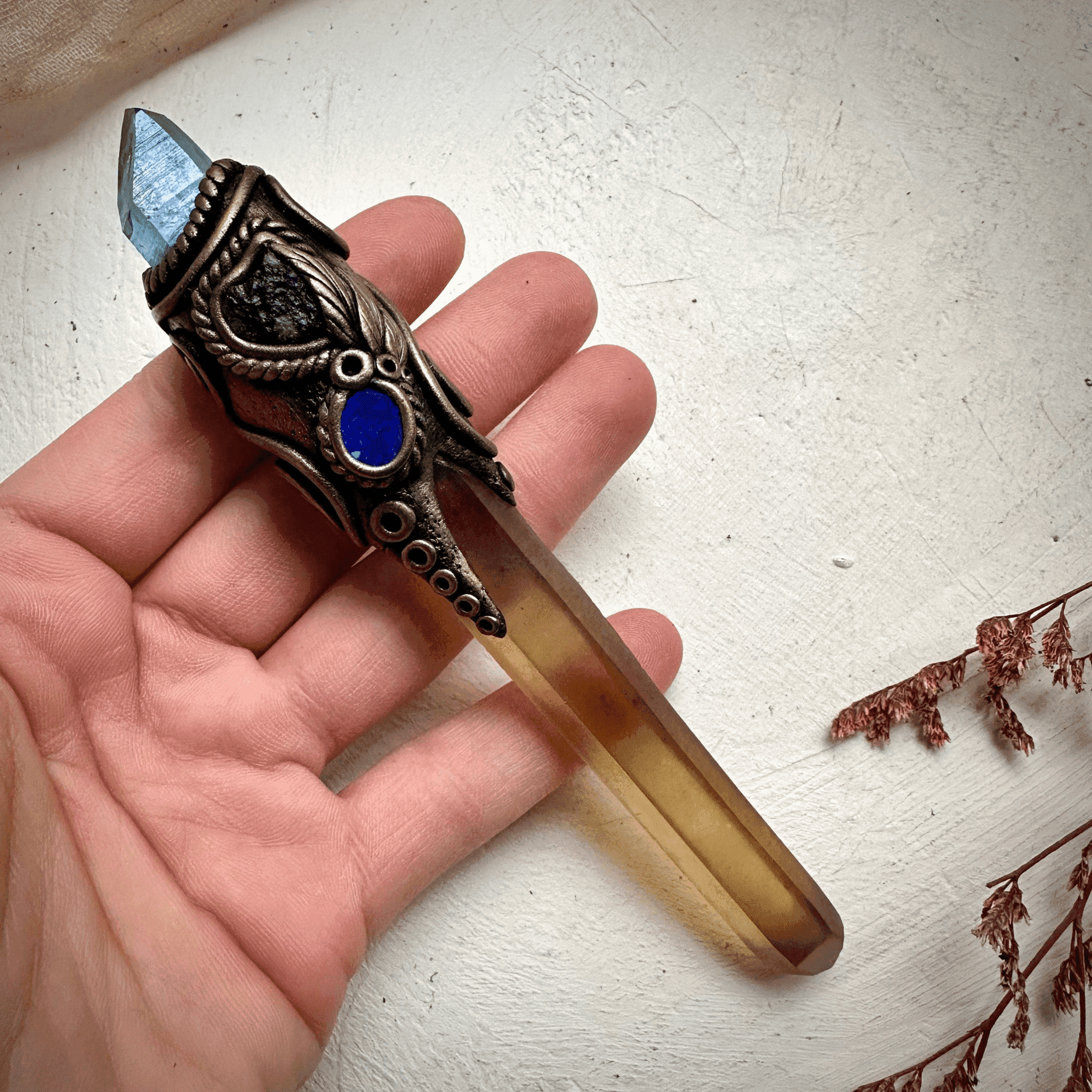 Long Smoky Citrine Point with Aqua Aura Quartz Moldavite and Black Australian Opal Doublet Wand - FairyGardenGlow