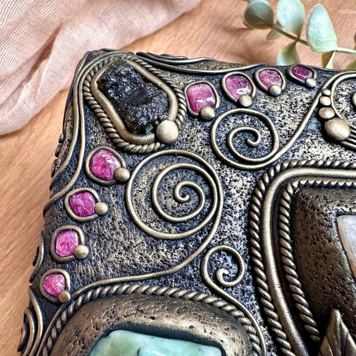 Lunar inspired crystal box with moonstone moon and gemstones symbolizing feminine energy and intuition