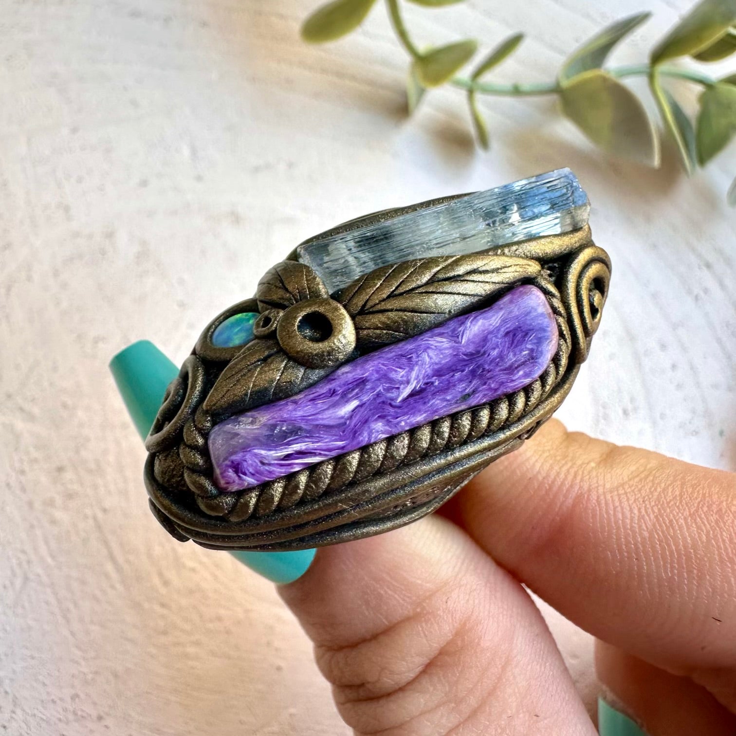 Natural gemstone ring with charoite and aquamarine