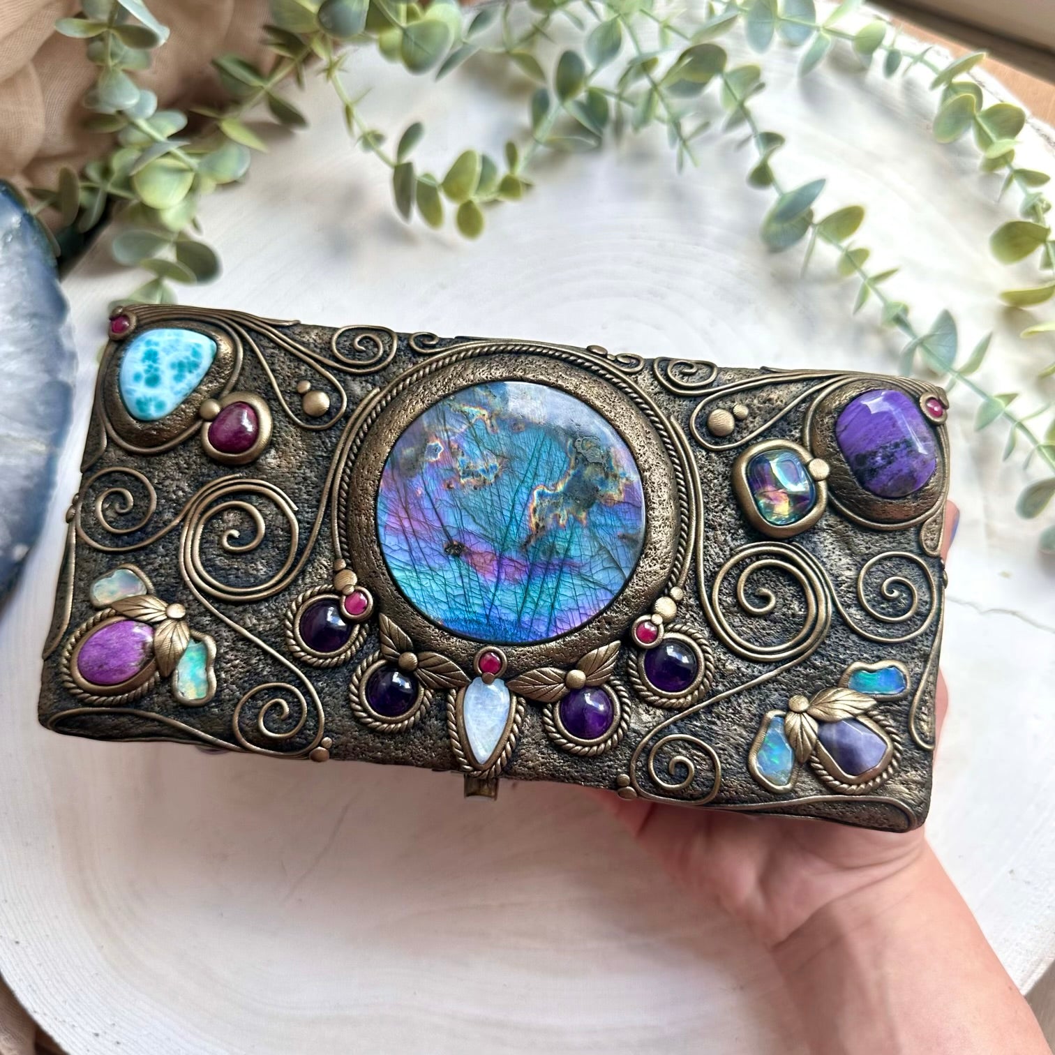 Handmade wooden box with labradorite moonstone amethyst and opal crystals