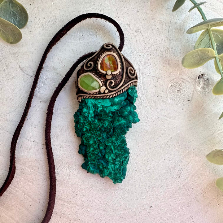 Malachite, Ammolite and Peridot pendant necklace handmade with natural gemstones