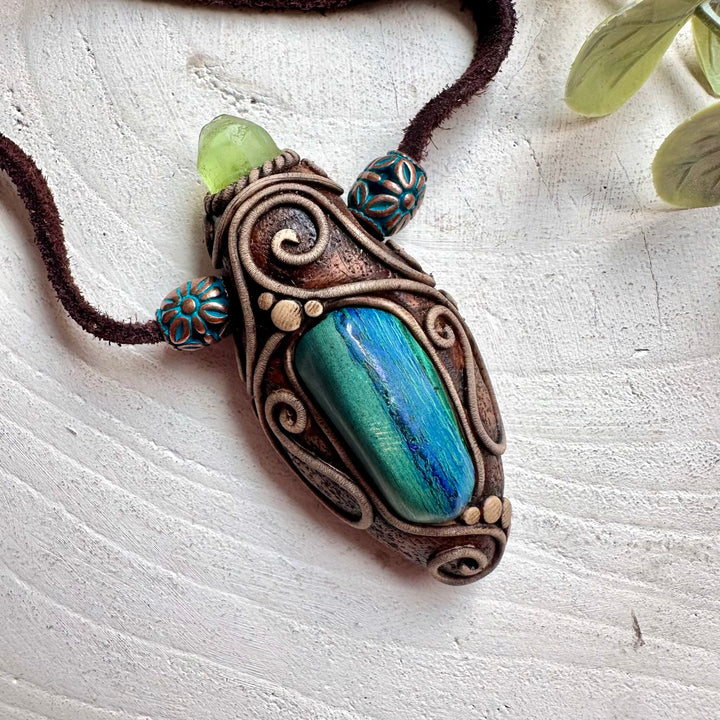 Unique healing crystal necklace with natural Malachite, Azurite and Raw Peridot gemstones
