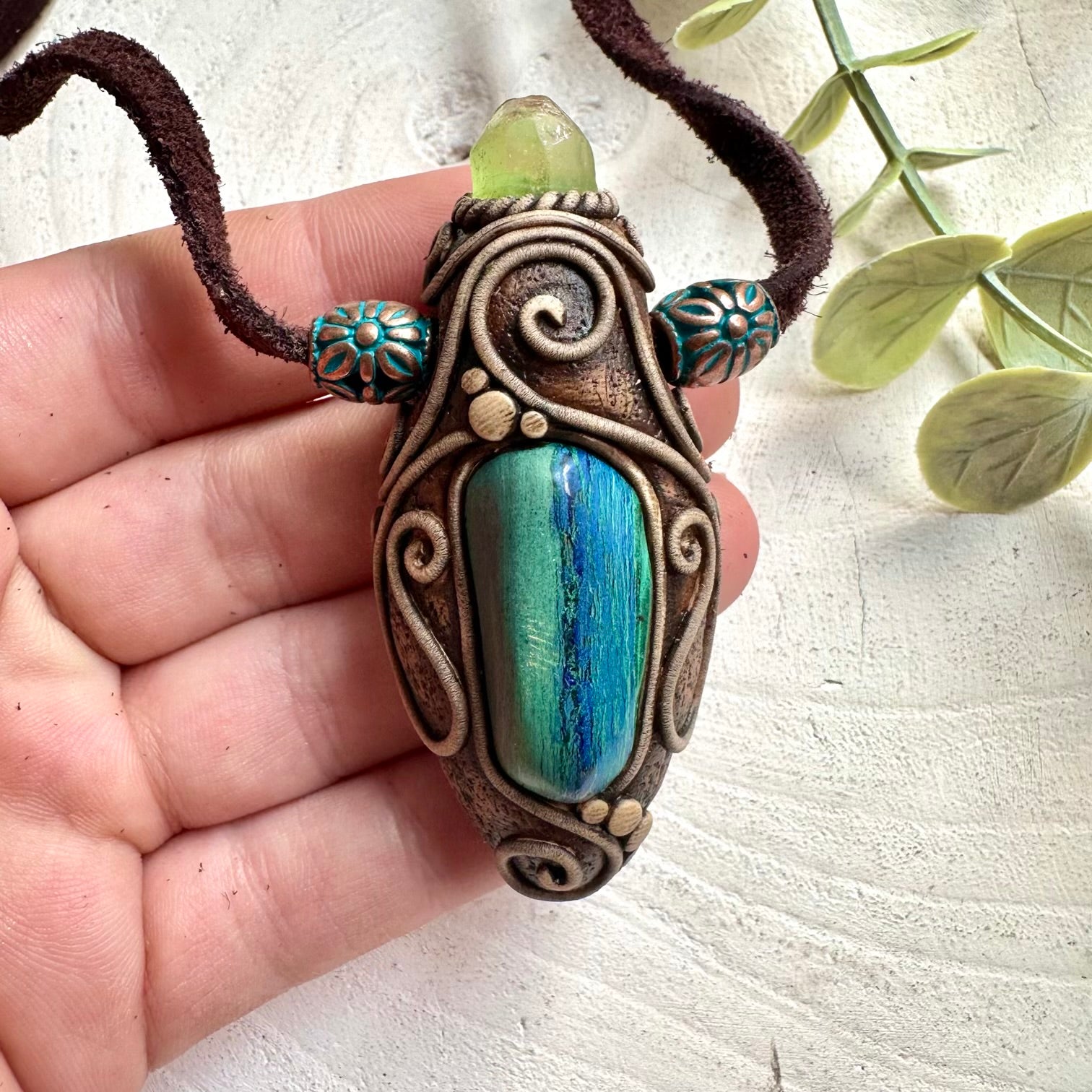 Handmade Malachite Azurite and Raw Peridot pendant necklace