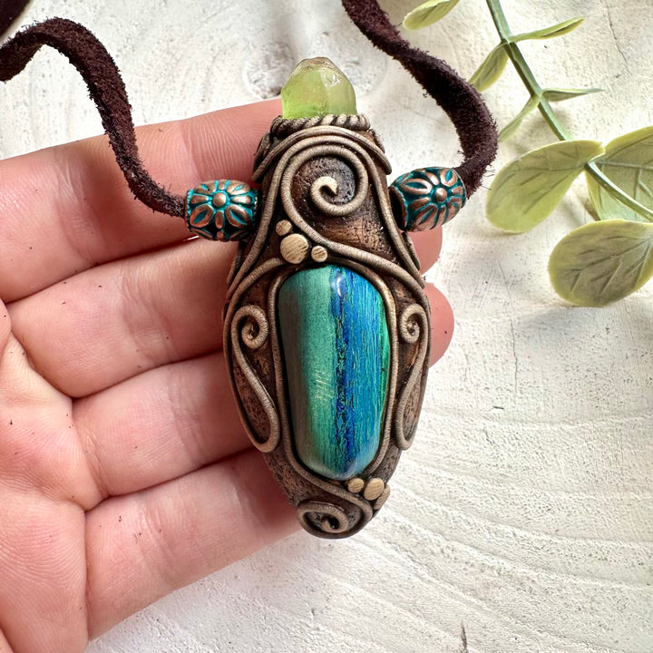 Handmade Malachite Azurite and Raw Peridot pendant necklace