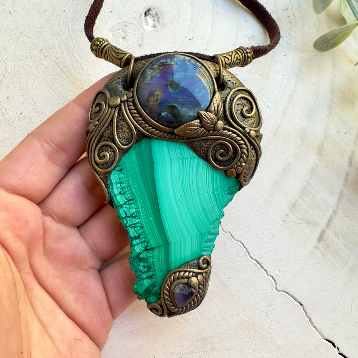 Statement crystal jewelry featuring Malachite, Labradorite and Tanzanite