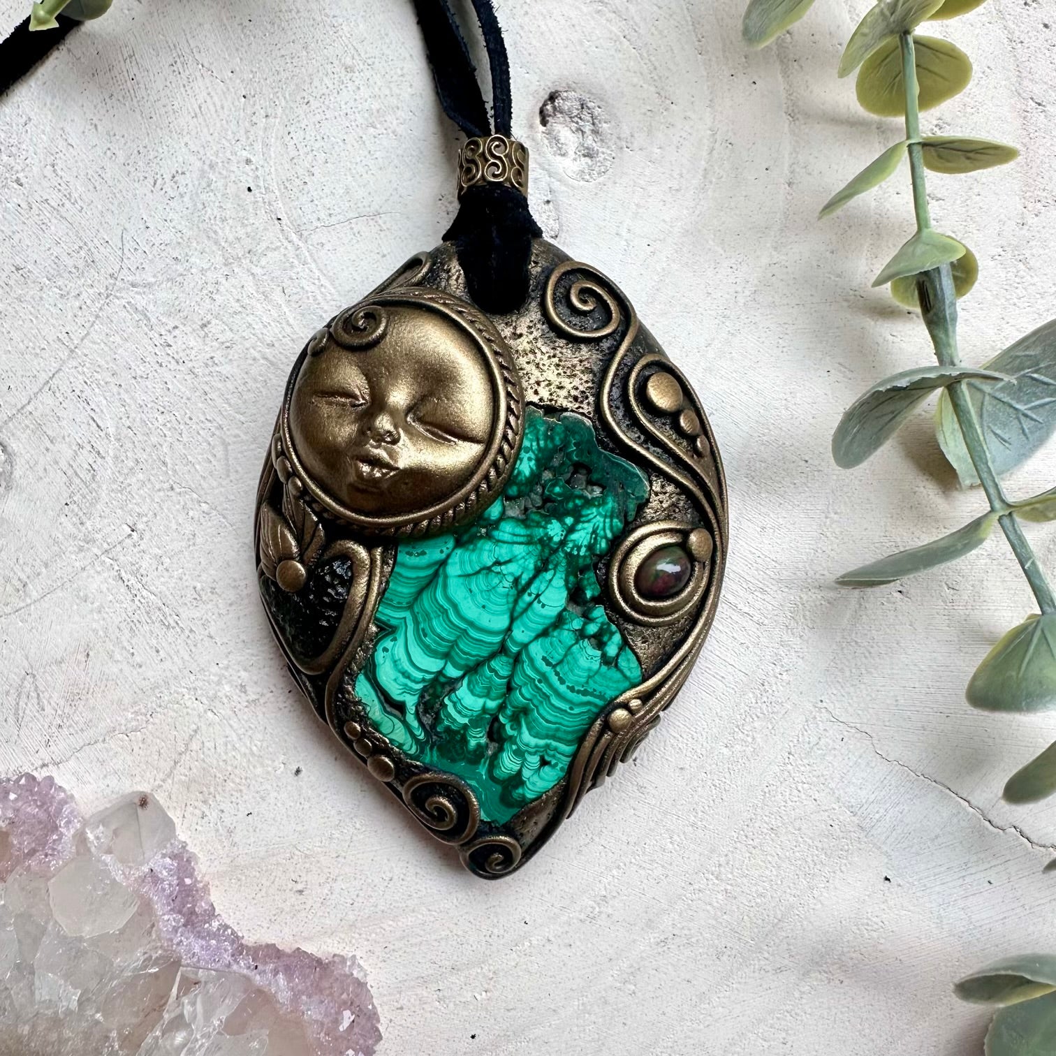 Handmade necklace with malachite moldavite and black opal