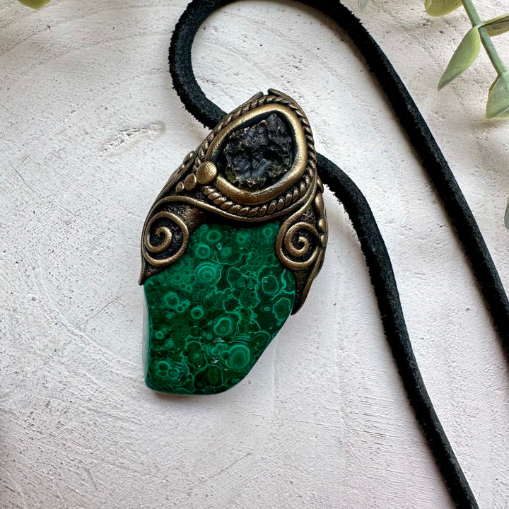 Malachite and moldavite pendant necklace unisex gemstone jewelry