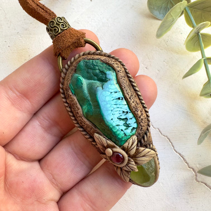 Half polished malachite necklace with peridot and rhodolite garnet
