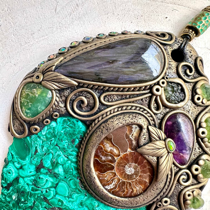 Natural Malachite wall hanging, handmade as unique spiritual crystal home decor with Labradorite, Ammonite, Peridot, Moldavite, Amethyst, Chrysoprase and Black Ethiopian Opal.